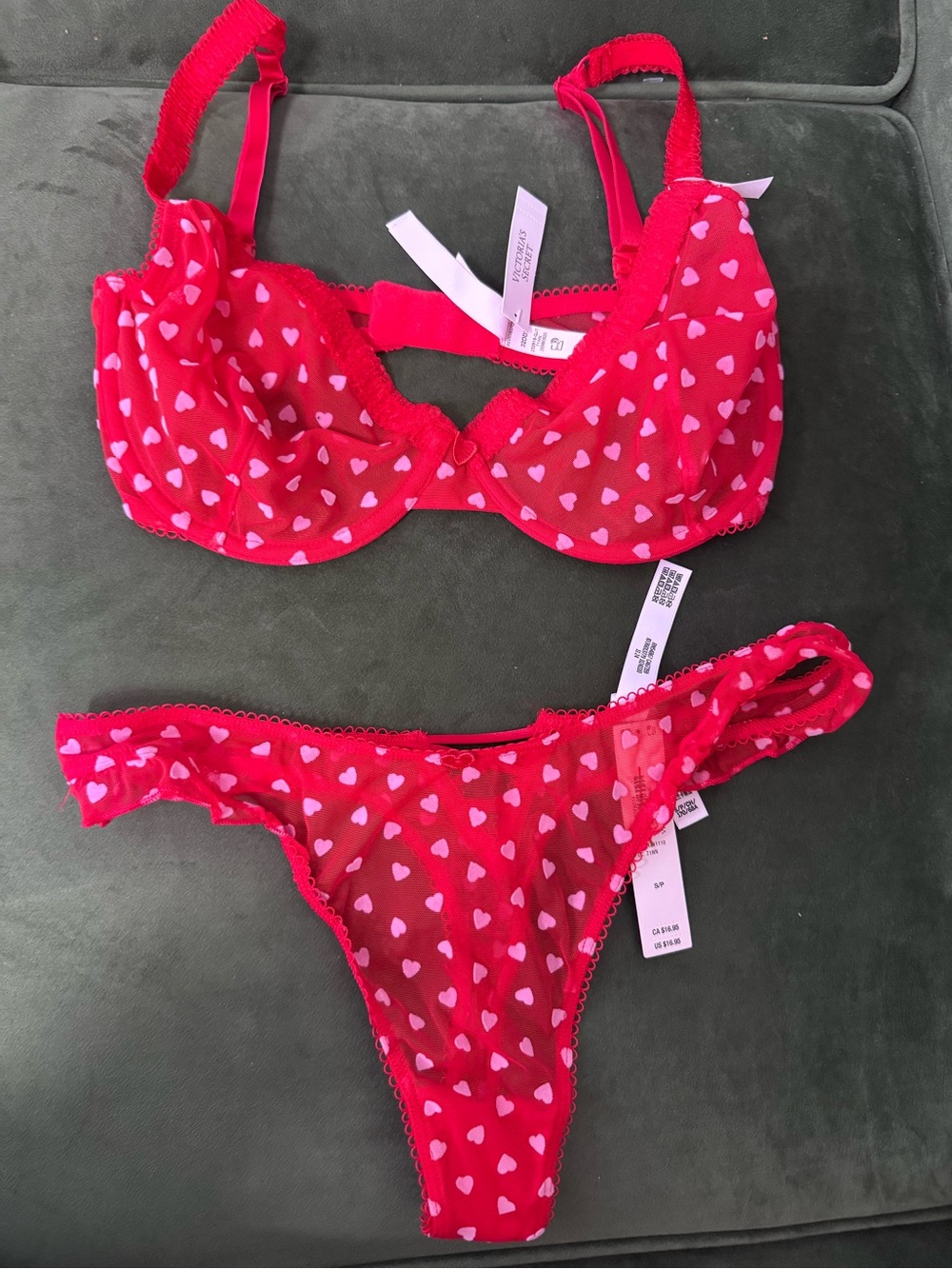 Victoria's Secret Red Sheer Heart Print Underwire Bra & Thong Set